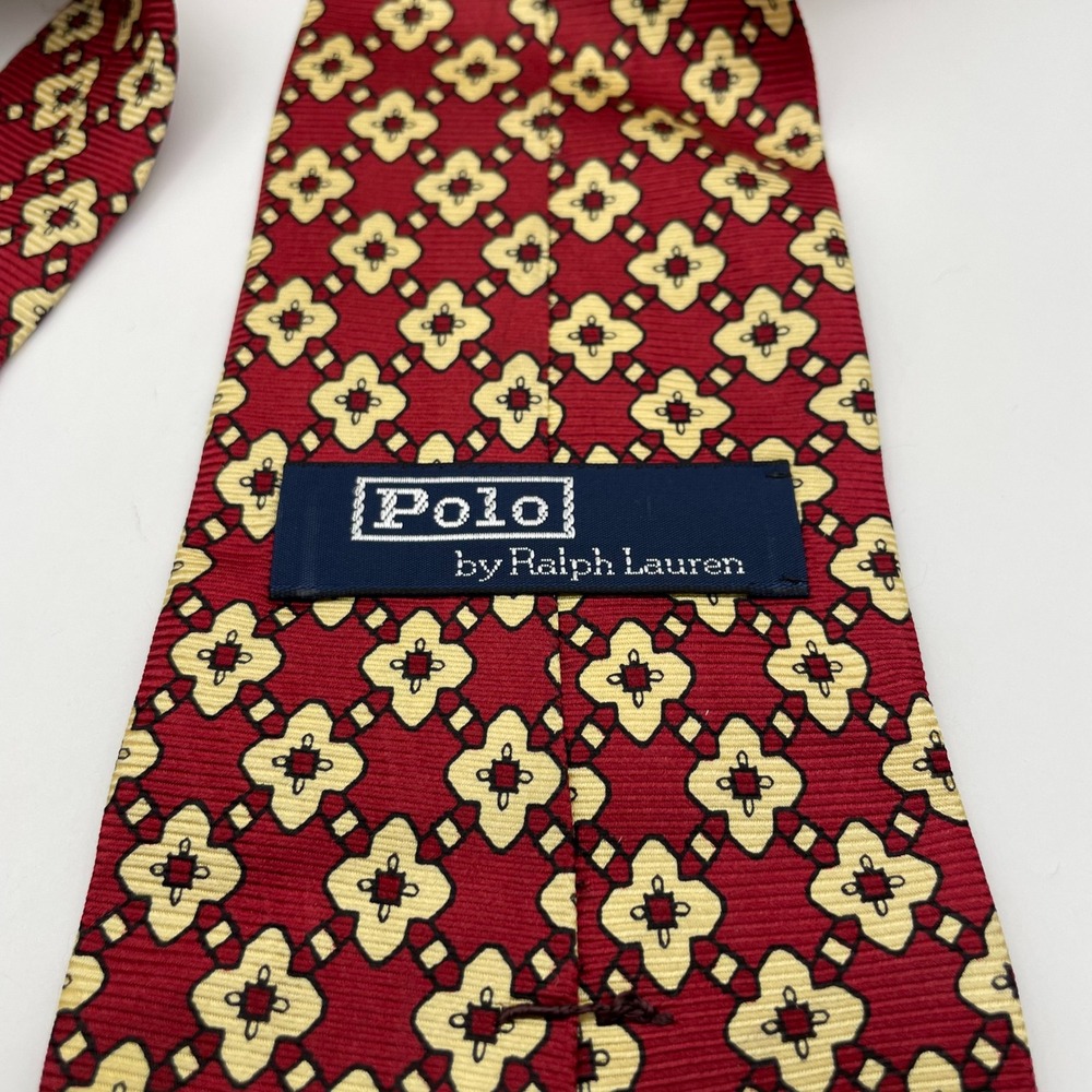 Polo Ralph Lauren Red Geometric Medallion Silk Tie Made in USA Hand Made Classic